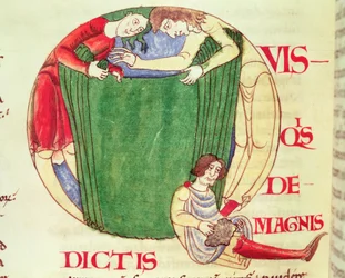 Ms 173 fol.92v Historisierte Initiale Q, die Tuchhändler darstellt, aus Moralia in Job von Papst Gregor dem Großen, Burgundische Schule