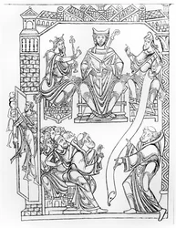 Ms 210 fol 19v. Chartular von Mont Saint-Michel: Herzog Richard II. von der Normandie schenkt dem Kloster Mont St. Michel Land und Privilegien (Stich nach einer Zeichnung aus den 1150er Jahren)