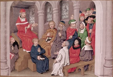 Ms 230 fol.25 Jean de Gerson (1363-1429) predigt die Passion nach dem Abendessen in der Kirche St. Bernhard, Paris, aus Sermons sur la Passion et Traites Divers, ca. 1480