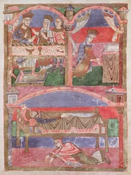St. Radegund (518-87) am Tisch von Clothar I (497-561), in ihrem Oratorium und zu Füßen des königlichen Bettes, aus dem Leben der St. Radegund