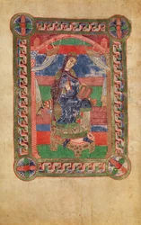 Ms 250 fol.43v St. Radegund (518-87) auf einem Thron, aus dem Leben von St. Radegund