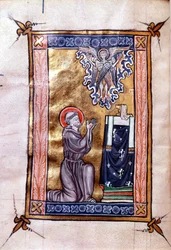 Ms 280 St. Franziskus von Assisi empfängt die Stigmata von Christus in Form eines Seraphim, aus einem Psalter, ca. 1270