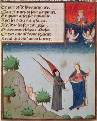 Ms 3045 fol.94r Lady Philosophie führt Boethius im Flug in den Himmel auf den Flügeln, die sie ihm gegeben hat; Gott der Vater schaut segensreich zu