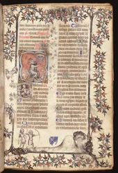 Ms 306 f.27r König David sitzt und schlägt ein Geläut von fünf Glocken, aus einem Brevier, Gebrauch von Paris, 1400