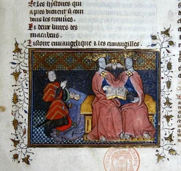 Die Dreifaltigkeit und die kniende Figur des Stifters, Miniatur aus der Bible Historiale von Guyart des Moulins