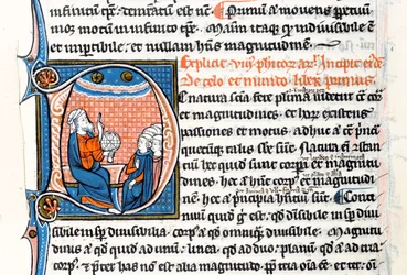 Ms 3458 fol 62vo Historisierte Initiale D, die Aristoteles zeigt, wie er eine Armillarsphäre hält und zum Himmel zeigt, während er eine Gruppe von Klerikern aus Westeuropa unterrichtet