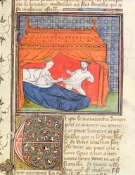 Ms 3480 Lancelot versucht, vor einer Frau im Bett zu fliehen, aus dem Livre de Messire Lancelot du Lac