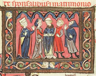 Ms 364 fol.166 Eine Hochzeit, Illustration aus den Kommentaren von Johannes Andreae zu den päpstlichen Dekretalen