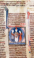 Ms 365 fol.318v Historisierte Initiale D, die eine Hochzeit darstellt, aus den Dekretalen von Gregor IX