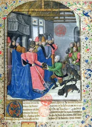 Ms 3717 Jäger überreicht dem Autor eine Kopie seines Traktats über die Jagd, aus dem Livre de la Chasse von Gaston Phebus de Foix (1331-91)