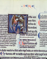 Ms 48 fol.95v Historisierte Initiale V, die die Steinigung des Propheten Jeremia zeigt