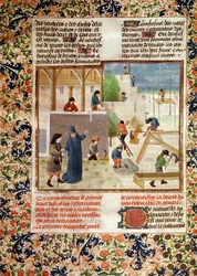 Ms 5064 fol.2v Bau eines Hauses, aus Livre des Prouffitz Champestres von Pietro de Crescenzi (1230-1320/21)