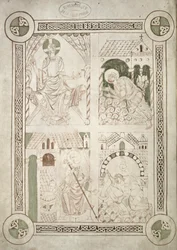 Ms 616 f.1v St. Augustinus zu Füßen Christi und der Schreiber Alardus, der ihm sein Buch anbietet, Frontispiz zu Confessiones von St. Augustinus