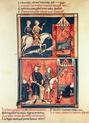 Ms Fr 1098 Eine Hirschjagd und ein König, möglicherweise Dagobert I (632-39) auf seinem Thron, aus dem Leben und den Wundern des St. Denis