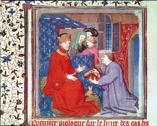 Ms Fr 131 f.1 Jean (1340-1416), Herzog von Berry, erhält ein Manuskript von Boccaccio, aus Cas des Nobles Hommes et Femmes von Giovanni Bocaccio