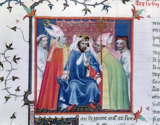 Ms. Fr. 2608, fol. 335v: Krönung Philipps III. (1245-85), aus den Grandes Chroniques de France, um 1400