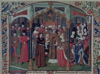 Königin Melisande von Jerusalem (1109-60) heiratet Fulk V. von Anjou (1092-1143), aus der Histoire de la conquete von Jerusalem von Wilhelm von Tyrus (ca. 1130-85) ca. 1470