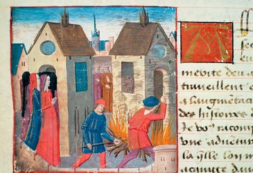 Ms Hunter 252 f.75v Ein Haus brennen, aus Les Cent Nouvelles Nouvelles, 1462