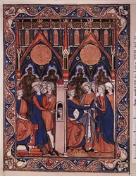 Joseph erklärt den Traum des Pharao und der Pharao setzt seinen Butler wieder ein, aus dem Psalter von St. Louis, ca. 1258-70