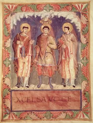 Ms Lat 1141 fol.2v Die Krönung von Karl II. (823-877) mit den Erzbischöfen von Reims und Trier, aus dem Sacrementaire de Metz
