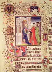 Jean de France, Herzog von Berry, wird von St. Peter in die Himmelspforte geführt, mit einem historierten Initial 