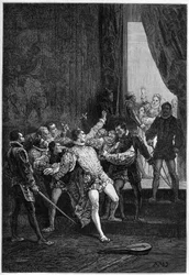 Ermordung David Rizzios (Davide) in Gegenwart Maria Stuarts (Marie Ire) (1542-1587) - Stich in „Die Geschichte Englands seit den frühesten Zeiten“ von François Guizot, 1877