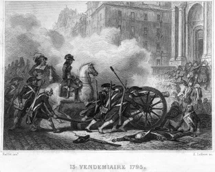 Napoleon zerschlägt die royalistische Rebellion - Napoleon Bonaparte (zu Pferd) kommandiert revolutionäre Truppen im Straßenkampf am 13. Vendémiaire (5. Oktober) - 13. Vendémiaire 1795 (royalistische Aufstand vom 5. Oktober 1795): Bonaparte stellte die Ord