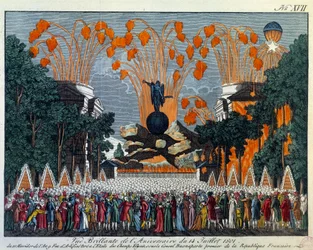 Nationalfest am 14. Juli 1801 auf den Champs-Élysées, Paris: Ein Feuerwerk tritt an die Stelle des Sterns auf den Champs-Élysées in Paris. Druck von 1801, Paris, Musée Carnavalet