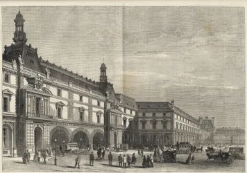 Neue Gebäude der Tuilerien am Place du Carrousel - Le nouveau Louvre - Fassade zur Place du Carrousel und Salle des États - Gravur von 1869