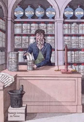 Zeitungsapotheke unter Napoleon, oder der Chemiker Akademiker, Karikatur, die die von Napoleon unterdrückte Presse darstellt