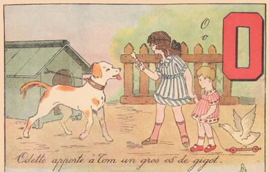 Odette bringt Tom einen großen Beinknochen, um 1920