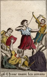 Odyssee von Homer: Odysseus tötet die Freier von Penelope bei seiner Rückkehr nach Ithaka. Aus „Mythologie der Jugend“ von Pierre Blanchard 1803.