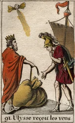 Homers Odyssee: Aiolos, König der Insel der Zyklopen, überreicht Odysseus den Beutel mit den Winden, damit er sie zu seinem eigenen Vorteil einsetzen kann.