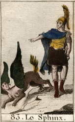 Ödipus löst das Rätsel der Sphinx, die sich von ihrem hohen Felsen stürzt. Aus „Mythologie de la jeunesse“ von Pierre Blanchard 1803.