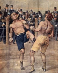 Eines der ersten Savate-Treffen, französisches Boxen, ausgetragen in Paris 1899, Farbgravur, Frankreich