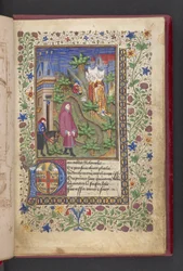Eröffnungsseite. Ein Herr in einer Landschaft, gefolgt von einem anderen auf einem Pferd, mit drei Damen. Le livre des quatre dames; von Alain Chartier