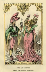 Unsere Vorfahren, Karikatur nach einem Aquarell von 1330. In „Histoire de France Tintamarresque“ von Touchatout, Paris