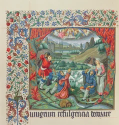 Seite aus einer Faksimile-Ausgabe von Missel de Jouvenel des Ursins mit einer historierten Initiale und einer Ansicht von Paris und der Seine im 15. Jahrhundert
