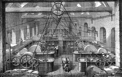 Papierindustrie: Werkstatt zum Raffinieren und Bleichen von Papiermasse. Stich 1867