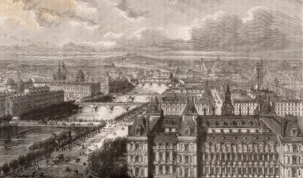 Paris - die Seine - die Brücken - Blick vom Turm Saint-Gervais - Gravur in „La France illustrée: géographie, histoire, administration statistique“ von V.-A. Malt-Brown. 1884