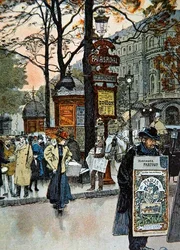 Pariser Straßenszene in der Nähe der Metrostation Palais-Royal, ca. 1900