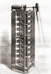 Paul-Gustave Froments vertikaler Elektromotor, ca. 1844, aus Les Merveilles de la Science, veröffentlicht ca. 1870