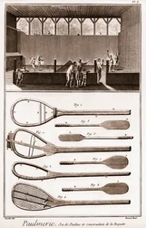 Paulmerie - Jeu de Paume und Bau der Schläger - „Die Große Enzyklopädie, oder Wörterbuch der Wissenschaften, Künste und Berufe“ von Denis Diderot (1713-1784) und Jean d
