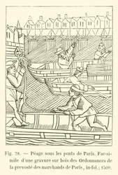 Maut unter den Brücken von Paris, Faksimile eines Holzschnitts aus den Verordnungen der Prévôté des Marchands von Paris, in-fol; 1500
