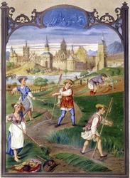 Bauern beim Mähen von Gras, Reproduktion einer Buchmalerei
