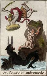 Darstellung von Perseus, der Andromeda rettet, die an einen Felsen gekettet ist. Aus „Mythologie der Jugend“ von Pierre Blanchard 1803