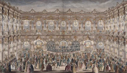 Perspektivische Ansicht des Ballsaals, konstruiert im Hof des Hôtel de Ville