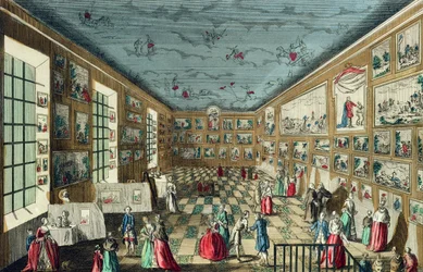 Perspektivische Ansicht des Salons der Königlichen Akademie für Malerei und Bildhauerei im Louvre, Paris