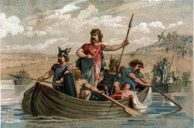 Pharamond überquerte den Rhein mit fränkischen Kriegern und wurde der erste Herzog der salischen Franken von 420 bis 428. Chromolithographie um 1890.