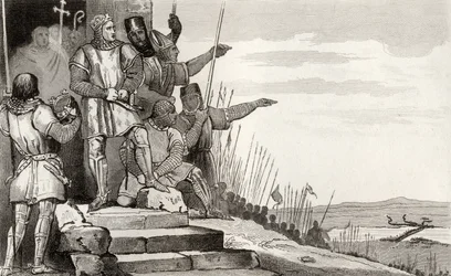 Philippe II Auguste (1165-1223) gewinnt die Schlacht von Bouvines nach Gebet, aus 